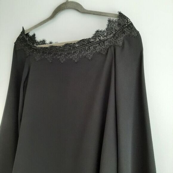 CAMI NYC / Silk Lace Trim Bell Sleeve A-Line Light Lined Blouse Top Black Sz M - Picture 5 of 14